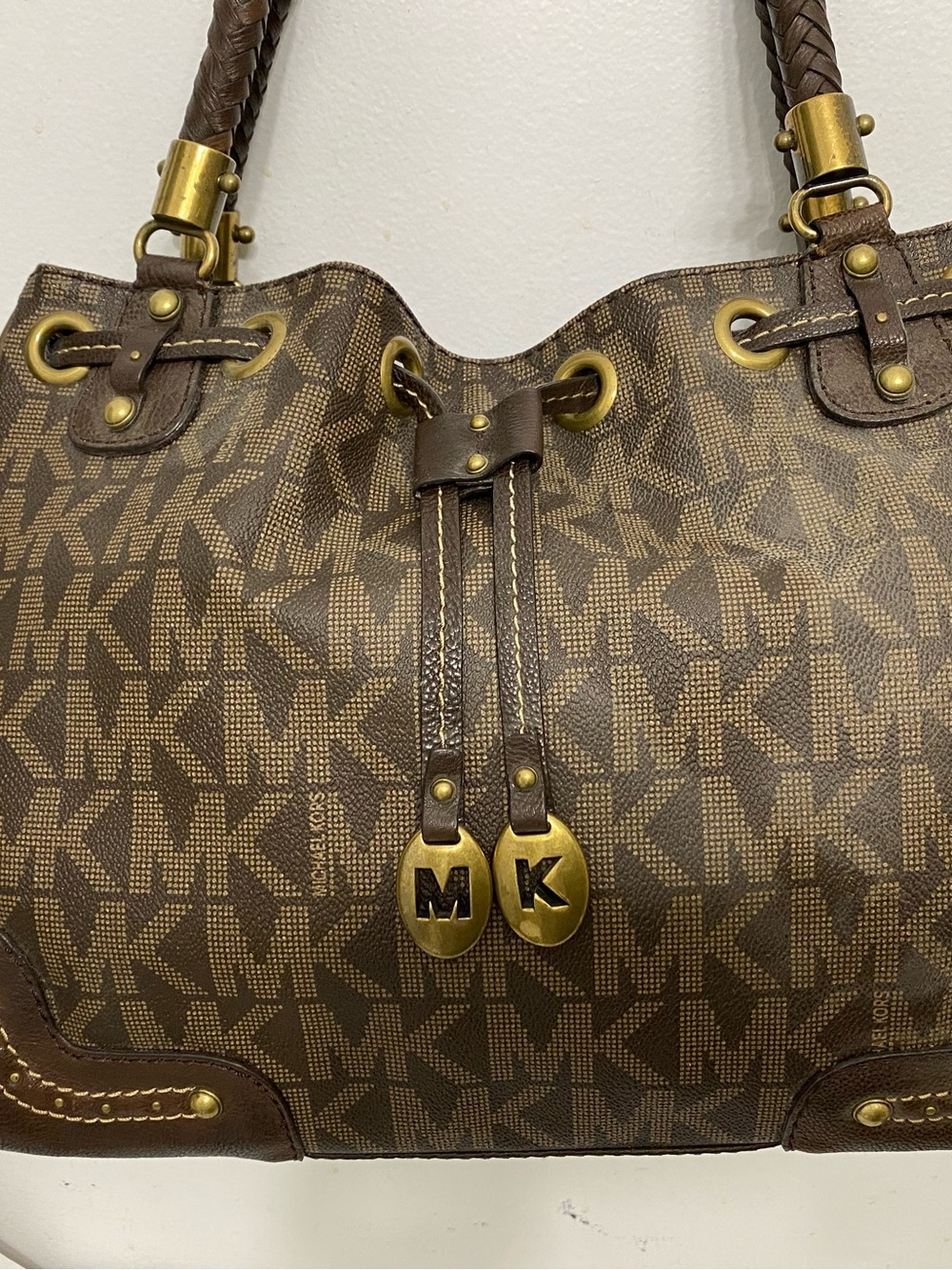 Michael Kors Brown MK Logo Drawstring Shoulder Tote